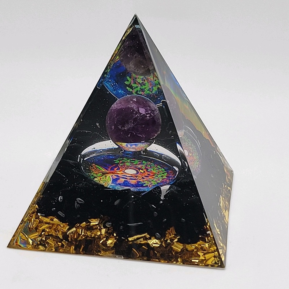 Orgonite Style Resin Pyramid w/ Purple Sphere & Gold Flakes Meditation Décor‎